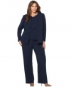 Kasper's sleek, collarless jacket, sleeveless shell and wide leg pants combine to make a flattering plus size look.