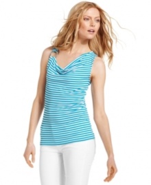 A draped cowl neckline adds feminine flair to this striped MICHAEL Michael Kors tank -- a stylish summer staple!