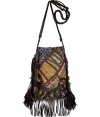 Unleash your urban traveler with Antik Batiks leather fringed bag, detailed with bright patchworking for that cool global feel - Chocolate leather appliqu?, fringed trim, woven shoulder strap, metal bead and coin embellished tassels, hidden magnetic top snap, inside zippered back wall pocket - Team with floral hippie dresses and boots, or with cool layered separates and colorful chunky jewelry