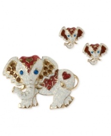 The elephants in the room are stylish ones. This brooch and stud earrings set from Betsey Johnson is crafted from antique gold-tone mixed metal with whimsical glass and glitter details. Items come packaged in a signature Betsey Johnson Gift Box. Approximate pin length: 1-3/4 inches. Approximate pin width: 2-1/4 inches. Approximate earrings length: 5/8 inch. Approximate earrings width: 3/4 inch.