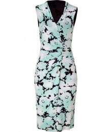 Luxe sleeveless dress in fine, viscose jersey stretch blend - Elegant mint and black color combination - Feminine floral motif - Slim silhouette tapers gently at waist - Wrap-style pencil skirt hits just above the knee - Fitted bodice with ruched waist and V-neck - Polished style is perfect for parties, cocktails and evenings out - Pair with sandals and a light cardigan or style with open-toe pumps and a cropped leather jacket