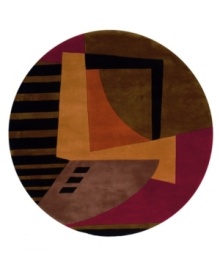 A round rug that is ideal for open spaces. The vivid colors and eye-catching abstractions create a rug with elegant, modern style. An arresting color palette that includes ebony, burnt red and orange gives the rug a striking color contrast which enriches any home with a buoyant, contemporary look.