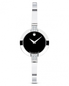 Movado's fashionably slender Bela™ bangle watch in solid solid stainless steel with sparkling diamond case accents. With a classic black Museum® dial.