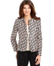 A bold geometric print lends graphic appeal to Kasper's collarless, open-front jacket. An easy statement-making piece to add into your weekday wardrobe!