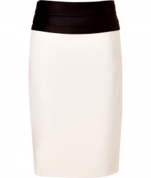 Stylish pencil skirt in fine, virgin wool - Elegant, on-trend black and white color blocking - Back zip and sexy side slit - Fitted and ultra-flattering, hits above the knee - Large, corset-style belt with pleat detail - Glamorously refined, effortlessly seductive - Pair with a sheer or button down silk blouse and cropped leather jacket - Style with a clutch and platform pumps