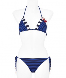 Look poolside pretty in this chic bikini from Juicy Couture - Classic triangle top with multi-stripe detail and charms, dual back tie detail with logo charms, classic bottoms with side tie and charm detail - Pair with a sheer caftan, wedge sandals, a floppy sunhat