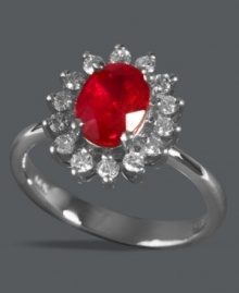 Regally stunning. This Royalty Inspired by Effy Collection ring shines with an oval-cut ruby center (1-1/2 ct. t.w.) surrounded by a sunburst of round-cut diamonds (1/2 ct. t.w). Set in 14k white gold.