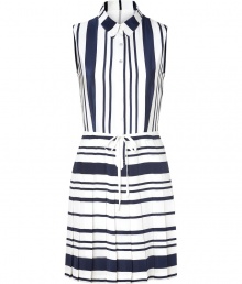 Nautical style goes mod with this adorable shirt dress from Raoul - Small spread collar, front button placket, sleeveless, tie detail at waist, pleated skirt - Wear with a breezy cardigan, wedge espadrilles, a vibrant tote