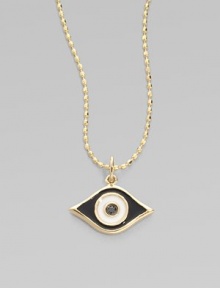 This protective evil eye, strung from a 14k yellow gold chain, is richly punctuated by a black diamond. Diamond, 0.2 tcw Enamel 14k yellow gold Chain length, about 16 Pendant width, about ½ Claw clasp Made in USA 