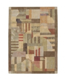 A modern design of animated beauty, this rug renders columns in an abstract collage of rectangles accented with graceful curvilinear details. A cool green palette is tinged with warm hues of brown. Woven of premium Opulon(tm) yarns to create a lavish pile with a rich, color-enhancing finish.