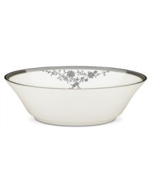 Pick the Hayden vegetable bowl for pale blue florals and a lacy platinum border. Matching platinum bands add a traditional touch to glazed white for porcelain that shines in any setting. From Noritake's collection of serveware and serving dishes.