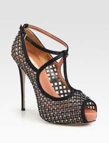 Crystal-coated mesh pairs with luxe satin trim in this t-strap design, with a towering heel and classic peep toe. Satin-covered heel, 5 (125mm)Covered platform, 1 (25mm)Compares to a 4 heel (100mm)Crystal-coated metallic mesh upper with satin trimPeep toeLeather lining and solePadded insoleMade in Italy