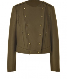 Stylish jacket in fine olive-colored wool blend - Feminine interpretation of a military-inspired design - Trendy with a double row of gold buttons, epaulets and zipper pockets - Short cut with long arms, round neckline - Fashionable piece with tight skirts, skinny jeans or suit pants