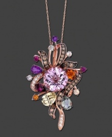 Sparkling with life and brilliant color, this Le Vian pendant adds excitement to your look. Crafted in 14k rose gold with round-cut chocolate diamond (5/8 ct. t.w.), round-cut white diamond (1/6 ct. t.w.), round-cut pink amethyst (5-3/4 ct. t.w.), pear-cut green amethyst (5/8 ct. t.w.), pear-cut lemon quartz (1-1/10 ct. t.w.), pear-cut multicolored semi-precious gemstones (1-1/4 ct. t.w.), and round-cut multicolored semi-precious gemstones (3/4 ct. t.w.). Approximate length: 18 inches. Approximate drop: 1 inch.