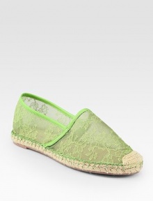 Italian semi-sheer floral lace lends feminine style to this comfortable go-to, with smooth leather trim and textured rope edging. Lace and woven canvas upper with leather trimLeather liningRubber solePadded insoleMade in Italy