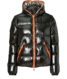 Maximize your cold weather style in this ultra-luxe two-in-one reversible down jacket from Duvetica - Hood with orange zipper trim, dual-zip front closure, long sleeves, contrasting zipper detailed pockets, reversible with inside camouflage lining, quilted - Classic straight cut - Pair with a cashmere pullover or long sleeve henley, straight leg jeans, and boots