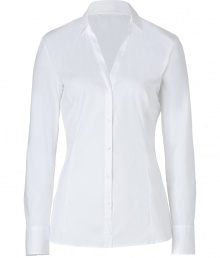 Eye-catching and alluring with a V-neckline and deep-set button-down front, Hugos straight blouse is a smart choice for setting the foundation of workweek looks - Small collar, V-neckline, long sleeves, button-down front, shaping darts - Figure-hugging silhouette - Wear with practically anything for a clean, tailored look