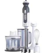 Everything is better when done by hand, so get your baking into gear with this high-powered hand blender with variable speeds and stainless steel triple blades for efficient chopping and blending of every ingredient. The ergonomic comfort grip and controls at your fingertips make this blender your go-to in the kitchen, commanding the highest wattage on the market for incredible results. 1-year warranty. Model DHB723.