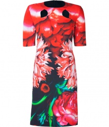 Luxurious cocktail dress in vibrant floral patterned synthetic fiber - Bold micro-print typical of designer Peter Pilotto - Silhouette is slim and fitted with a small, round neck and modern short sleeves - Sexy cut-outs at clavicle - Wear with ankle boots, a leather jacket, clutch and platform pumps