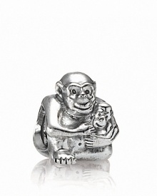 PANDORA's sterling silver charm depicts a devoted mama chimp cradling her smiling baby.