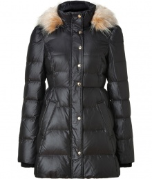 Feminine with a fitted waistline, Juicy Coutures puffy coat is a chic and cozy take on cool winter-wear - Faux-fur trimmed hood, stand-up collar, long sleeves, elasticized cuffs, snapped front panel with hidden zip, side slit pockets - Fitted - Team with bright knit hats and shearling lined boots