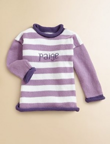 Stripes lend whimsy to this beautifully crafted pure cotton sweater perfect for girls and boys alike. A rolled neckline, hem and cuffs add small touches of contrast color. Rolled detailCottonMachine washMade in USAFOR PERSONALIZATION Select a quantity, then scroll down and click on PERSONALIZE & ADD TO BAG to choose and preview your personalization options. Please allow 4-6 weeks for delivery. 