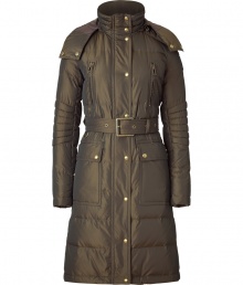 Cozy yet ultra-chic, this long quilted coat from Belstaff is the ultimate outfit topper - Stand collar, hood with snaps and toggle, front zip closure, quilting at shoulders and on sleeves, belted waist, zip pockets and cuffs, flap hip pockets - Pair with slim trousers, a blouse, and ankle booties