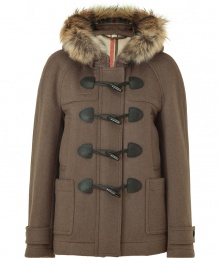 Taking inspiration from the classic toggle duffle coat, this modern take from Burberry Brit features a slim fit and a removable hood of extra versatility- Removable fur hood, concealed front button placket with toggle button closure, long sleeves with belted cuffs, slit pockets and large patch pockets, back vent - Style with slim jeans or corduroys and high heel booties