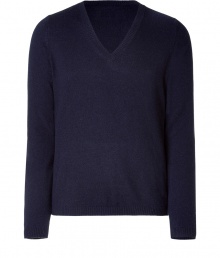 Elegant pullover in a fine dark blue wool and cashmere blend - With a deep V-neck - The cut is slim and straight with long sleeves - A casual classy basic for everyday wear - Very light, soft material - Small ribbed cuffs on the sleeves and hem - A classic favorite piece that works with all types of pants for leisure and business