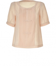 Romantic, sheer look- Wide, round neckline with wide, short sleeves with single button detail- Straight cut with slight flare at hem- Delicate pleating at front with three sweet bow details - Perfect for the office with a knee-length skirt or after-hours with black skinny jeans, thin leather jackets and ankle boots