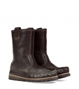 Upgrade your new season style with these unique leather moccasin boots from N.d.c - Moc-stitched toe, tonal stitching, sturdy rubber sole, fleece lining, dual pull-on tabs, ankle-length, embossed side logo detail - Wear with straight leg jeans, a cashmere pullover, and a parka