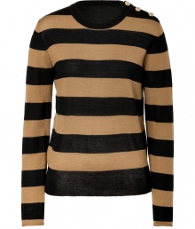 Trend-favorite stripes get a chic city revamp with By Malene Birgers black and camel pullover, detailed in lightweight wool perfect for transitioning into the new season - Rounded neckline, long sleeves, rolled cuffs, matte finish gold-toned buttons, fine ribbed trim, classic slim fit - Pair with opaque tights and form-fitting skirts for work, or try with favorite skinnies and flats on the weekend