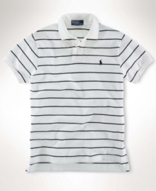 A classic-fitting short-sleeved polo shirt is crafted from breathable cotton mesh with a sleek striped pattern for casual polish.