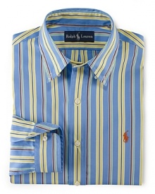 Tailored in a relaxed, classic fit from crisp cotton poplin, a long-sleeved sport shirt is given a handsome update with a vibrant, colorful striped pattern.