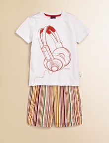 A comfy, plush cotton knit with colorful headphones graphic.CrewneckShort sleevesPullover styleCottonMachine washImported