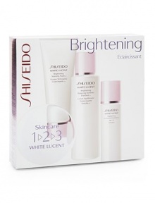 An introductory kit of Shiseido's White Lucent cleansing foam, softener, and day moisturizer with SPF. White Lucent skincare illuminates skin's natural beauty for a pure radiance that glows from within. The collection contains a Triple-Action Brightening System, preventing discoloration while visibly diminishing existing dark spots and uneven skin tone. This three-step daily brightening regimen includes 2.8 oz. Brightening Cleansing Foam, 3.3 oz.