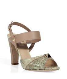 Classic with a twist  these Valentino python sandals feature a retro-inspired shape and a tough-meets-chic front stud detail - Python front with stud, large front ankle strap with back buckle closure and stud detail, chunky heel - Style with a ladylike dress, a cropped cardigan, and a python satchel