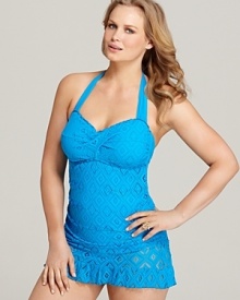 Diamond-patterned crochet adds textural appeal to this Becca Etc. tankini, rendered in a flattering halter silhouette with a skirted bottom for extra coverage.