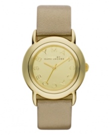 Metallic shimmer lights up this golden watch by Marc by Marc Jacobs. Metallic gold leather strap and round gold ion-plated stainless steel case. Gold tone mirrored dial features gold tone logo letters at markers and three hands. Quartz movement. Water resistant to 50 meters. Two-year limited warranty.