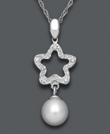 Aim high. Like stars in this sky, this stunning pendant twinkles with the addition of diamond accents and a shimmering cultured freshwater pearl (6-7 mm). Set in sterling silver. Approximate length: 18 inches. Approximate drop: 1 inch.