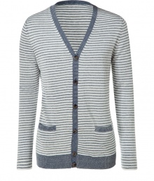 Luxe cardigan in fine, hemp and cotton blend - Soft yet durable, premium quality fabric - Fashionable grey-blue stripe motif with elegant contrast trim at button placket and hem - Slim cut style with v-neck and long, fitted sleeves - Two small pockets at hips - Polished and classically cool, easily dressed up or down - Pair with ankle-cropped trousers and leather lace-ups, or go for a more casual look with a t-shirt, slim jeans and trainers