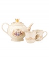 Invite your favorite characters to tea with the Disney Princesses tea set from Lenox. Topped with a crown, the porcelain teapot depicts Disney characters Sleeping Beauty, Cinderella and Belle living happily ever after while gold stars and ribbons twinkle and swirl around scalloped teacups. Qualifies for Rebate