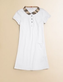 This sweet knit dress is embellished with a pleated check collar and placket. Epaulettes Peter Pan collar Short sleeves Two button placket front Front left patch pocket A-line skirt Cotton/elastene Machine wash Imported Please note: Number of buttons/snaps may vary depending on size ordered. 