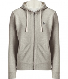 Sporty separates are casual wardrobe essentials, and this Polo Ralph Lauren light grey cotton fleece zip up has enduring appeal - Slim, straight cut - Classic hoodie style, with drawstrings, kangaroo pockets and full zipper - Banded waist and cuffs - Embroidered polo pony logo at chest - Easy and indispensable, perfect for pairing with jeans, chinos, shorts or sweatpants