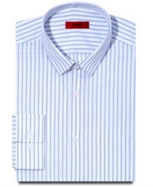 With a strong stripe and a slim fit, this Hugo Boss shirt makes a sophisticated statement in any wardrobe.