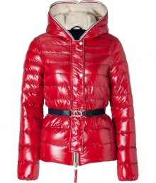 Sporty and sleek, this belted down jacket from Duvetica is a cold weather must-have - Cozy lined hood with decorative zipper trim, concealed two-way zip front closure, long sleeves, flap pockets, elasticized belted waistline, quilted - Slim fit - Wear with an oversized pullover, leather leggings or skinny jeans, and booties