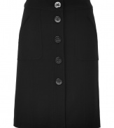 A polished staple for your workwear wardrobe, Steffen Schrauts black flannel skirt is an elegant, everyday indispensable - Slim pencil cut, with medium-width banded waist and button placket extending from navel to mid-thigh - Oversize aprom pockets at hips and decorative seams - Pair with a button down and light cashmere cardigan or a silk blouse and style with classic pumps or loafers