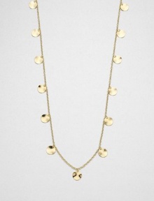 Festive 18k gold discs shimmy on a long chain. 33 long Lobster clasp Made in USA