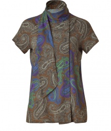 Perennially elegant paisley gets a modern, color-infused kick with Etros sumptuous silk stretch blouse - Classically chic in an earthy sepia print with bold splashes of green, blue and purple - Short sleeves and small standup collar with a draped, tie neck fabric panel -  Slim yet relaxed, modified A-line silhouette - Versatile and sophisticated, seamlessly transitions from work to weekend - Pair with cigarette trousers, skinny denim, pencil skirts or dressy shorts