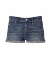 Get the look of the season in these chic denim shorts from Marc by Marc Jacobs - Five-pocket styling, cuffed hem, ultra-short length - Style with an oversized blouse, platform booties, and an oversized tote